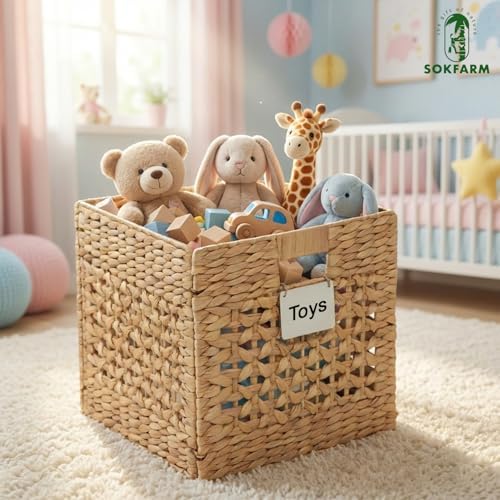 Water Hyacinth Storage Baskets Set of 4, 12 Inch Woven Cube Bins for Shelf and Cubby Organizer, Wicker Baskets for Blankets Towels and Toys, Seagrass Organization Bins for Closet and Living Room - Image 6