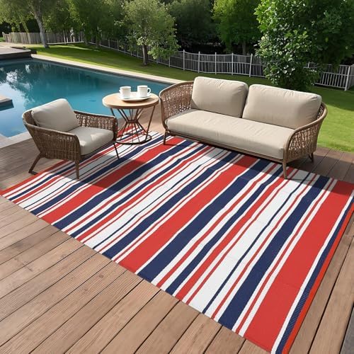 Garvee 10x14 Modern Lines Outdoor Large Rug Colorful Striped Red Navy Rug - Image 2