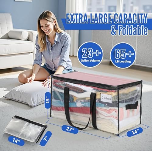 BAGAIL Heavy Duty Moving Bags with Strong Handle, Extra Large Moving Boxes, Storage Tote for Clothes, College Moving Supplies(Clear,93L-12pack) - Image 2