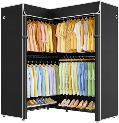 ULIFHOME E15C Garment Rack L Shaped Clothes Rack for Corner，Freestanding Clothing Racks for Hanging Clothes，Heavy Duty Closet Organizer 43.4"W x 15.8"D x 78.4"H，Black Rack with Black Dustproof Cover by UlifHome