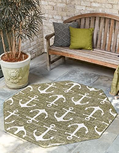 Unique Loom Outdoor Coastal Collection Area Rug - Ahoy (7' 10" Octagon, Green/ Ivory) by UniqueLoom