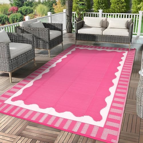 Garvee Scalloped RV Outdoor Rugs 9x18 Patio Rugs Outdoor Waterproof, Pink by Garvee