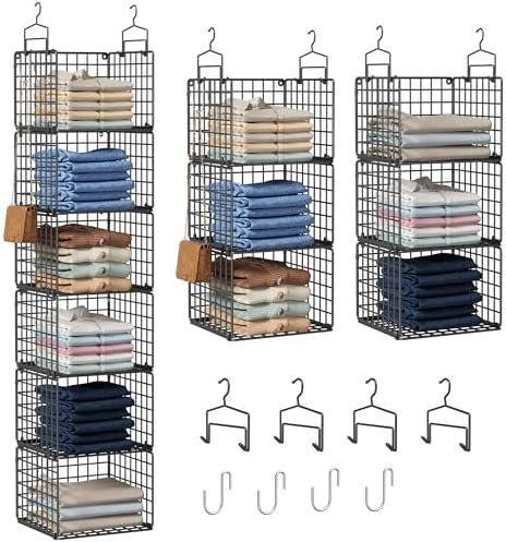 6 Tier Closet Hanging Organizer, Metal Closet Organizers and Storage with 4 Hanging Hooks 4 S-Hooks for Wardrobe Laundry Room, Wire Storage Shelf for Clothes Sweaters Pants (Black) by Orapoke