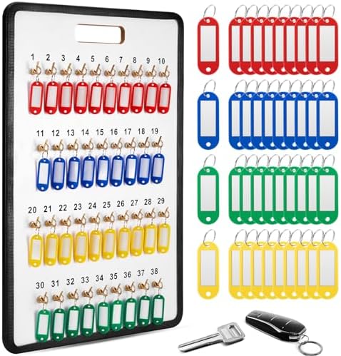 RattanView Key Hook Board Rack with 40 Pcs Plastic Tags Set 23.4 x 15.5 Inch Key Holder Wall Mount with 38 Hooks Self Closing Tabs Colored Labels for Car Hotels Office House Storage Organization by RattanView