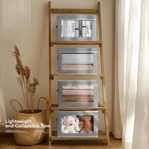 Homsorout Large Storage Bins with Lids - Stackable Cube Bins for Closet, 5 Pack Clear Windows Fabric Organizer Bins, Home Organizers and Storage for Clothes, CD, Towels, Grey - Image 4
