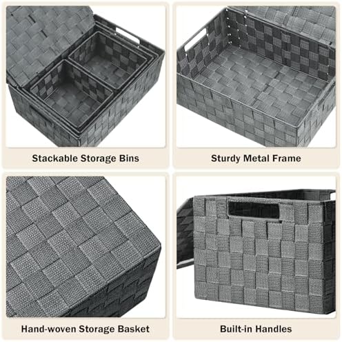 Storage Baskets with Lids: 5 Pack Stackable Woven Storage Bins, Grey - Image 4
