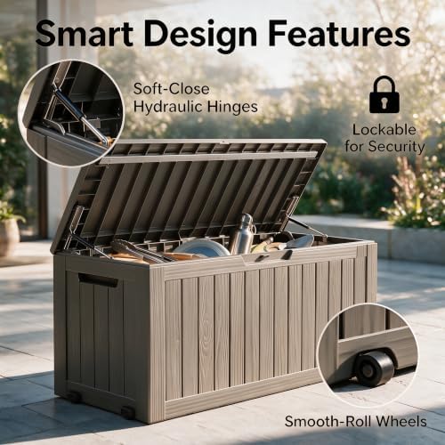 92 Gal Deck Box,Waterproof Resin Outdoor Storage Gas Lift,Lockable Grey - Image 4