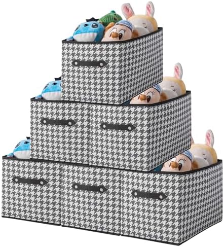 6 Pack Large Collapsible Storage Baskets for Shelves,14.9"x9.5" Fabric Closet storage Boxes with Leather Handles,Decorative Organizers Storage Bins for Clothes,Sheets,Toys,Books,(Houndstooth by Yunkeeper