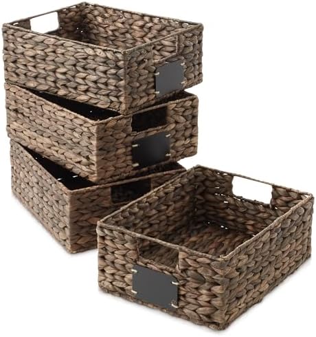 Casafield Set of 4 Water Hyacinth Pantry Baskets, 10" x 13" x 5", with Chalkboard Labels and Chalk Marker - Espresso, Woven Storage Bin Organizers for Kitchen Shelves - Image 3