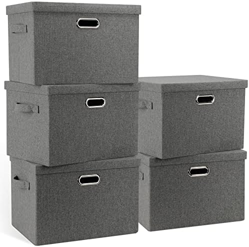 Graciadeco Large 17" 36 Quart Collapsible Stackable Storage Bins with Lids, 5 Packs Gray Foldable Fabric Closet Storage Boxes with Lids, Heavy-duty Linen Cube Baskets(17 x 12 x 11) by GraciadecoStorage