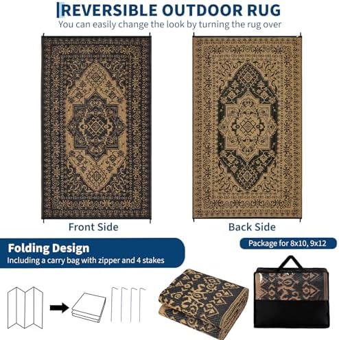 Boho 8x10 Plastic Straw Rug Reversible Mat Outdoor Medallion Area Rug Waterproof Patio Rugs Outdoor Camping Rugs for RV Porch Deck Camper Balcony Backyard Easy Clean Picnic Mat, Black Brown - Image 2