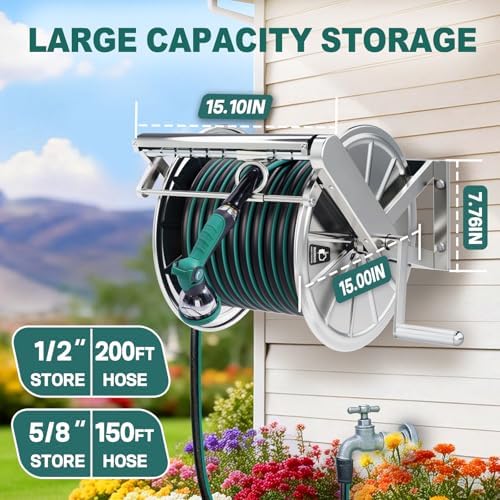 Stainless Steel Garden Hose Reel Heavy Duty, Wall Mount Water Hose Holder, 150 Feet of 5/8 Inch Hoses Capacity, Hose Reels with 5 ft Inlet Hose for Outside, Lawn, Yard, Garage - Image 4