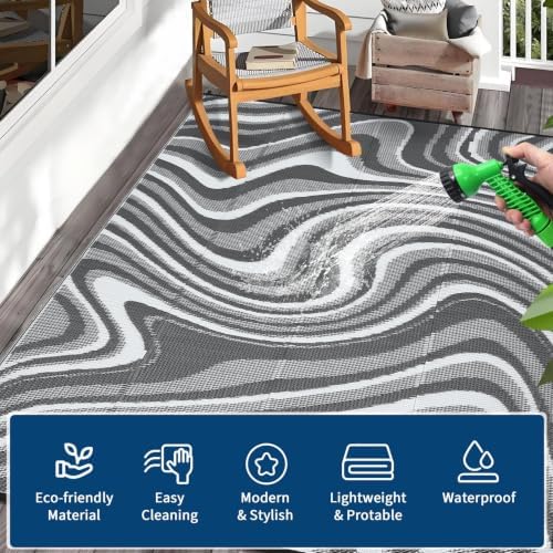 Garvee Outdoor Rug 8x10 Modern Waterproof Outdoor Plastic Straw Rug, Grey - Image 5