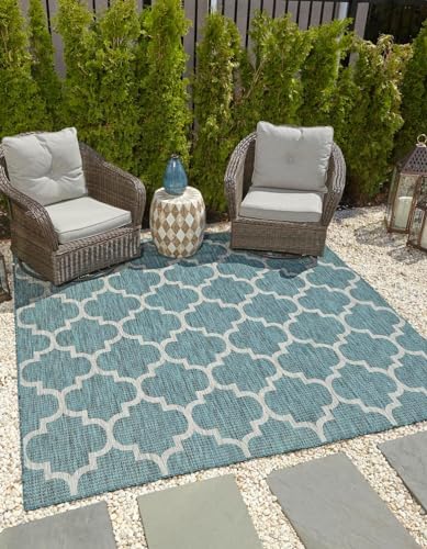 Unique Loom Outdoor Trellis Collection Area Rug (6' 1" Square Teal/Gray) by UniqueLoom
