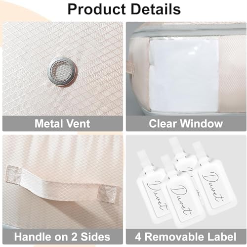 DIMJ Comforter Storage Bag - Large Capacity Ultra Space Saving Self Compression Organize for Duvet, Pillow, Bedding, Blanket Storage Organizer Nylon Compression Bags, Beige, 4 Pack - Image 6