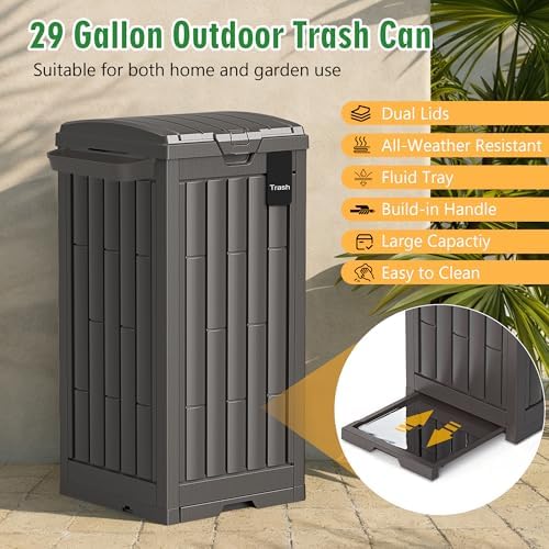 Outdoor Trash Can, 30 Gallon Garbage Can with Tiered Lid and Drip Tray, Waterproof Resin Waste Bin for Patio, Garden, Backyard, Deck, Brown - Image 3
