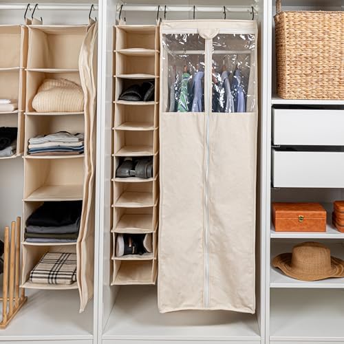 Household Essentials Hanging Shoe Organizer, 10 Pocket Wide Cubbies with Cedarline Pockets, Heavy-Duty Cotton Canvas, Removable and Industrial Hooks, Natural,(Pack of 6) - Image 2