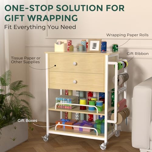 Wrapping Paper Storage & Organizer, Craft Cart with Ribbon & Gift Bag Storage, Wrapping Paper Organizer Holder(2 Wooden Drawers-Oak) - Image 4