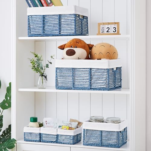 Vagusicc Wicker Storage Basket, 6 Pack Baskets for Organizing, Wicker Baskets with Handle, Rectangular Woven Basket for Storage Shelves, Cube Storage Bins for Closet/Clothes/Dresser, Blue - Image 4