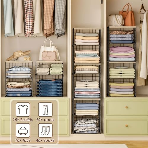 6-Tier Stackable Closet Organizers and Storage Basket, Set of 3 Closet Shelf Organizer with Adjustable Divider & Wood Top Board, Clothes Storage Bins for Wardrobe Organizer System, Space-Saving, Black - Image 4