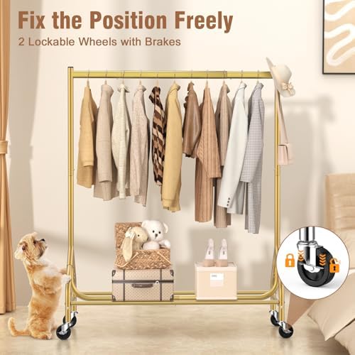 EAGMAK Heavy Duty Clothes Rack Load 420 LBS, Rolling Garment Rack with Lockable Wheels, Standing Metal Clothing Rack, Portable Wardrobe Sturdy Coat Rack for Hanging Clothes (Gold, 47.2″×18.9″×63″) - Image 5