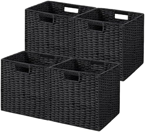UBBCARE 4 Pack Wicker Basket, 11L×11H×10.5W inch Woven Paper Rope Storage Baskets for Shelves, Foldable Cube Storage bin with Handle, Storage Basket for Organizing & Decor, Black by UBBCARE