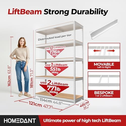 HOMEDANT 47.7" W 5 Tier Heavy Duty Garage Shelving Adjustable Metal Rack Storage Shelves Standing Shelf Unit Organizers Industrial Warehouse Basement White 2Pack - Image 2
