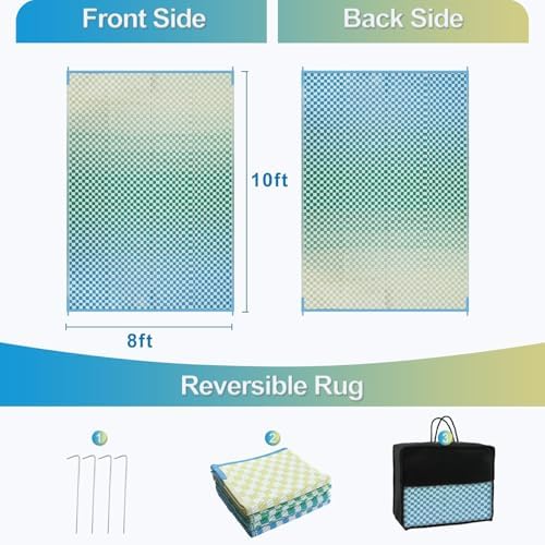 Wonnitar 8x10 Waterproof Outdoor Rugs - Blue Yellow Ombre Checkered Patios Rug, Large Reversible Plastic Straw Mat for Camping RV Balcony, Portable Colorful Outdoor Deck Rug - Image 2