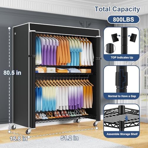 ULIFHOME P8C Max Heavy Duty Clothes Rack（With Extended Width Design） Rolling Clothing Racks for Hanging Clothes with Lockable Wheels，51.2"W x 15.8"D x 80.5"H，Load 800LBS，Black Rack with Black Cover - Image 2
