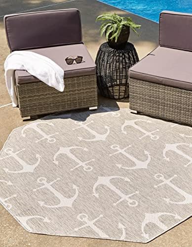 Unique Loom Outdoor Coastal Collection Area Rug - Ahoy (5' 3" Octagon, Gray/ Ivory) by UniqueLoom