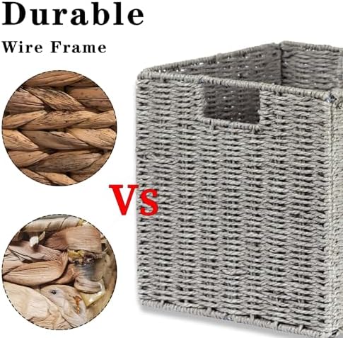 Vagusicc Wicker Basket, Set of 2 Hand-Woven Wicker Storage Basket, Foldable 11 inch Cube Storage Bins, Storage Baskets for Organizing Shelves, Closet Organizers and Storage Bins, Gray (11″×11″×11″) - Image 3