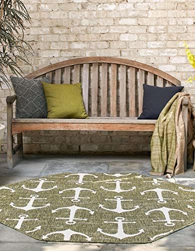 Unique Loom Outdoor Coastal Collection Area Rug - Ahoy (7' 10" Octagon, Green/ Ivory) - Image 4