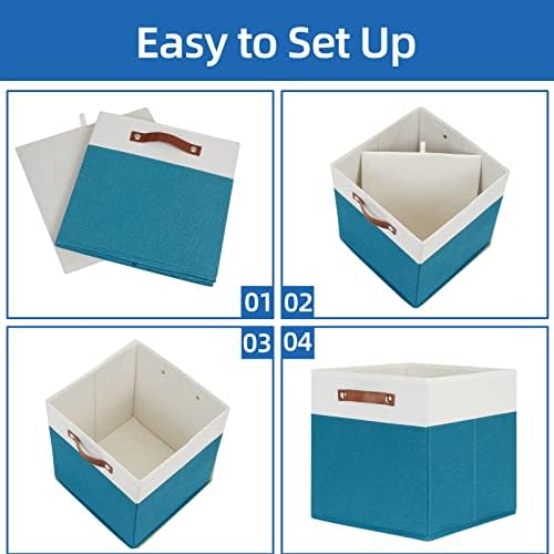Temary Cube Storage Bins Storage Cube Bins for Home, 4 Pack Fabric Storage Bins for Organization, Storage Cubes 13x13 Cube Baskets with Leather Handles (White&Teal) - Image 5