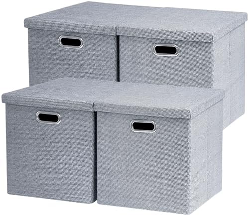 Storage Bins with Lids,13 x 13 Inch Foldable Fabric Cube Baskets Boxes Organizer for Closet, Shelves, and Home. (Gray, (13x13) 4 pack) by EITMOW
