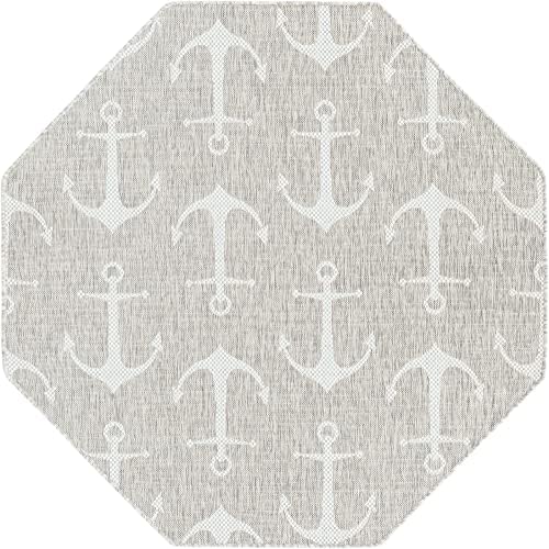 Unique Loom Outdoor Coastal Collection Area Rug - Ahoy (5' 3" Octagon, Gray/ Ivory) - Image 3
