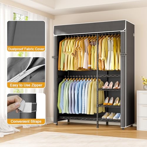 ULIFHOME F2C Clothes Rack with Cover, Black Closet with Dark Gray Cover - Image 4