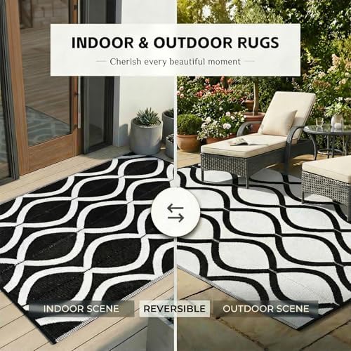 wikiwiki Outdoor Rug, 9x12ft Waterproof Reversible Mat Indoor Outdoor Rugs Carpet, Small Area Rug Plastic Straw Rug for Patio Deck Balcony Pool RV Camping Beach Picnic, Black & White, Rugscape Series - Image 5