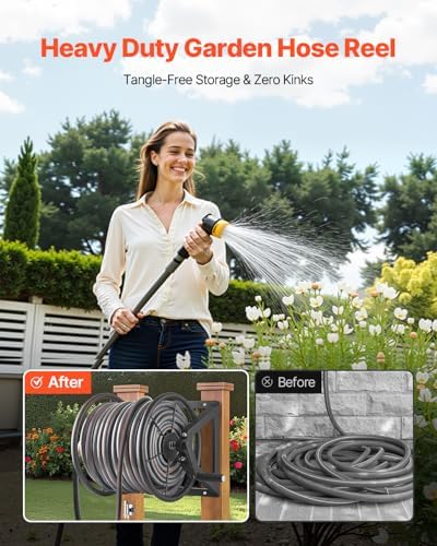 VEVOR Wall Mounted Garden Hose Reel, Holds 200 ft 5/8-inch Manual Water Hose Winder, Heavy-Duty Steel, Outdoor Reel with Brass Fitting & 5ft Leader Hose, Space Saving, for Yard Lawn Garage - Image 5