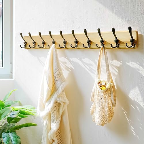 Dseap Coat Rack Wall - Heavy-Duty 38-1/4" Long, with Reinforced 10 Custom Tri-Hooks, Solid Wood Wall Hanger for Coats Hat Jackets - Rustic Farmhouse Entryway Hallway Storage, Light Brown & Black - Image 7