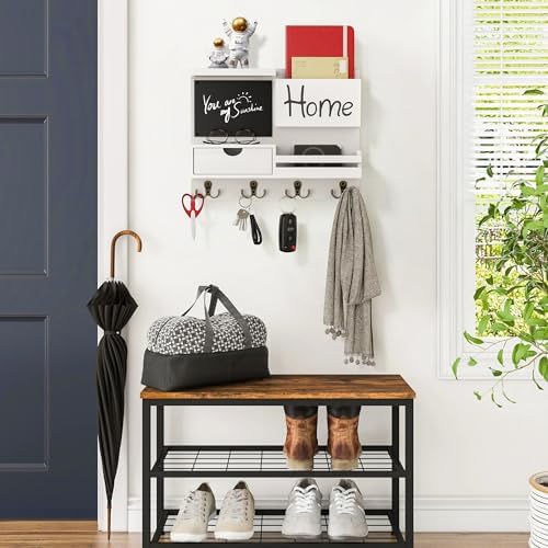 Farmhouse Key Holder for Wall with Mail Organizer - Easy Installation Wall Mount Organizer, Includes Chalkboard, Drawer, Wallet Holder & 4 Double Hooks, Ideal for Entryway, Quick Access - White - Image 2