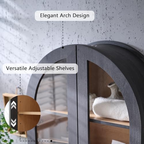 Bathroom Arched Wall Cabinet, 23.5'' Wide Medicine Cabinet, Wall Mount with Glass Doors & Adjustable Shelves, Over the Toilet Storage Cabinet for Laundry Room, Bedroom, Kitchen, Grey Black - Image 4