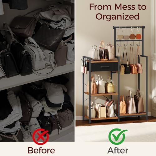 MAHANCRIS 3-Tier Tall Purse Organizer Rack with 11 Hooks & Pull-Out Drawer - Image 3