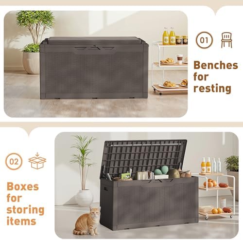 Greesum 100 Gallon Resin Deck Box Large Outdoor Storage Boxes with Cushions for Garden Tools, Patio Furniture Pillows, Pool Supplies, Dark Brown - Image 2