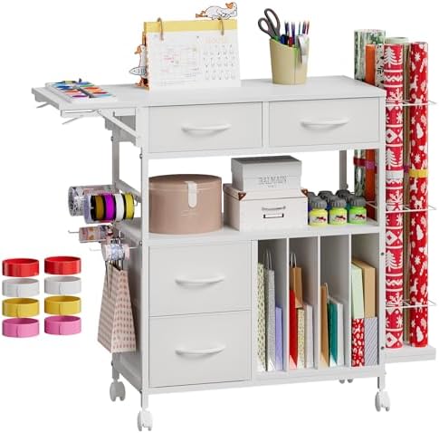 Wrapping Paper Storage Cart with Foldable Table, 3 Tier Gift Wrap Organizer by Espelism