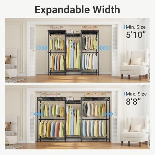 VIPEK X3 Basic Expandable Closet System, Heavy Duty Freestanding Open Wardrobe with Long Hanging Area, 5 Hanging Rods & 6 Adjustable Shelves, Fits 5.10 to 8.8 FT, Black - Image 2