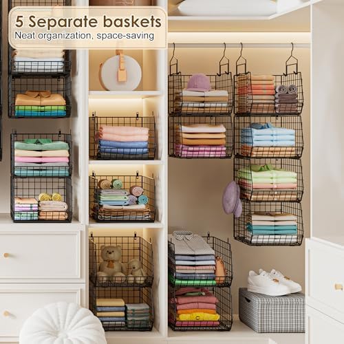Capacity Upgrade Edition Deeper 4'' 5 Tier Foldable Hanging Closet Organizer and Storage，Wire Cabinet Shelves and Rack with 5 S Hooks,Stackable Metal Basket Bins for Clothes Shoe Purse,Black - Image 4