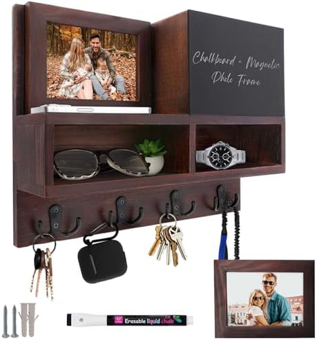 Spacelog Key and Mail Holder for Wall with Chalkboard – Magnetic Photo Frame Key Holder Wall Mount, Dark Walnut, Dual Storage & Cupboards Mail and Key Organizer for Wall by Unknown