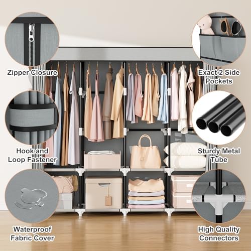 VTRIN Portable Closet for Hanging Clothes 67 Inch Wide Large Capacity Portable Wardrobe Closet with Cover, 4 Storage Shelves and 4 Hanging Rod Sturdy Free Standing Closet for Bedroom, Grey - Image 4