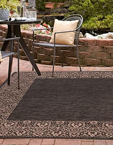 Unique Loom Outdoor Border Collection Area Rug - Floral Border (13' Square, Charcoal Gray/ Beige) - Image 4