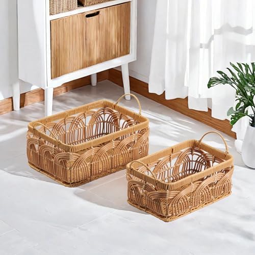 2PCS Plastic Wicker Storage Baskets Set Handmade Woven Boxes - Image 6